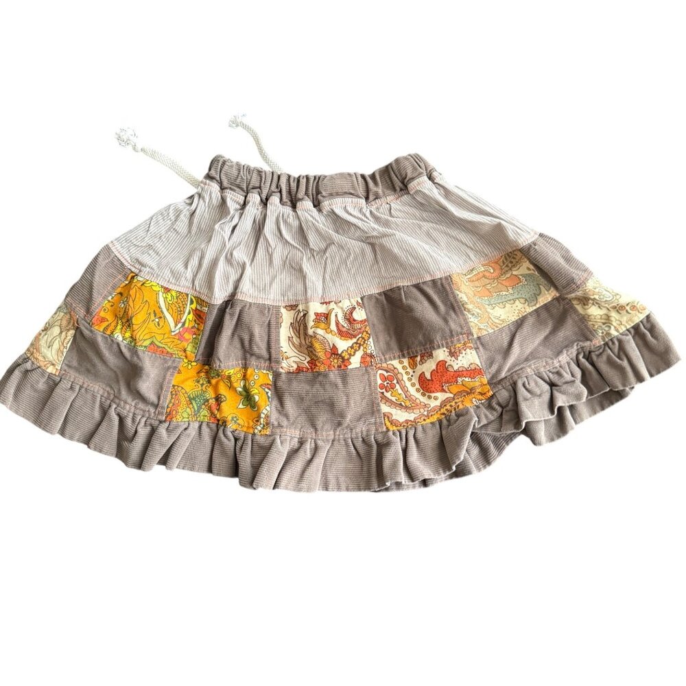 Vintage Girls Patchwork Corduroy Elastic Waist Skirt With Ruffles & Drawstring